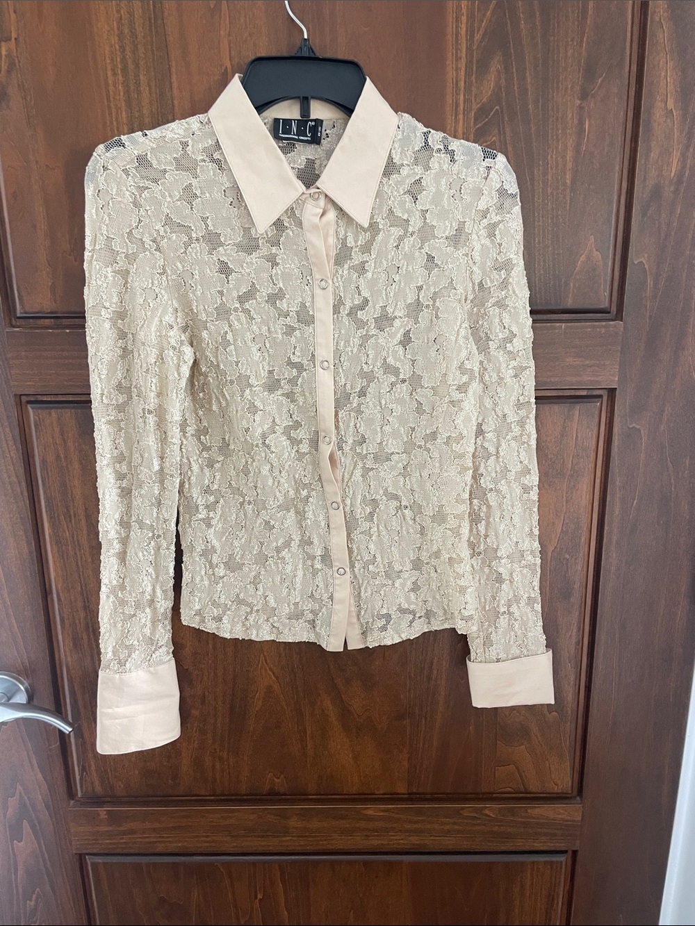 INC International Concepts Cream Lace Trim Blouse